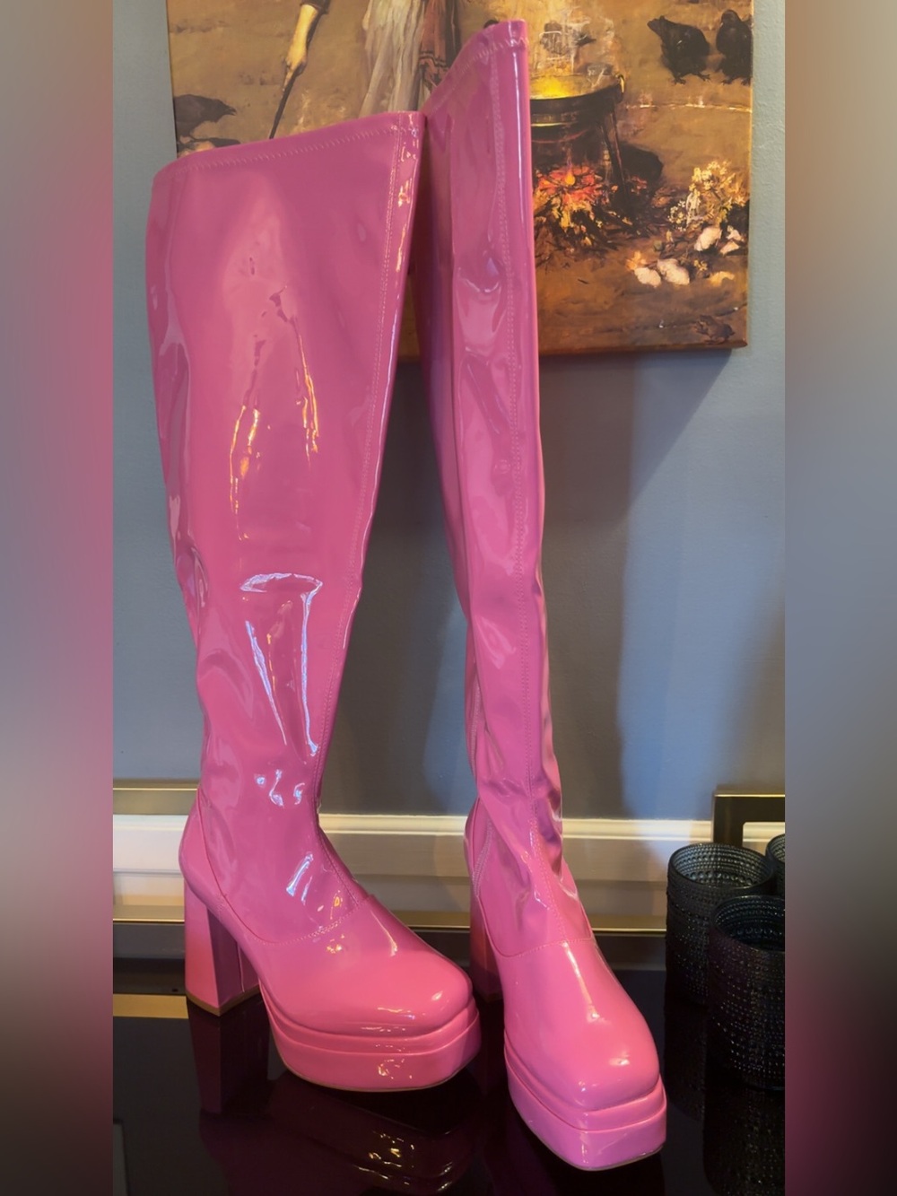 NWOT GoGo Dancing Patent Pink Thigh-High Platform Boots Size 8W